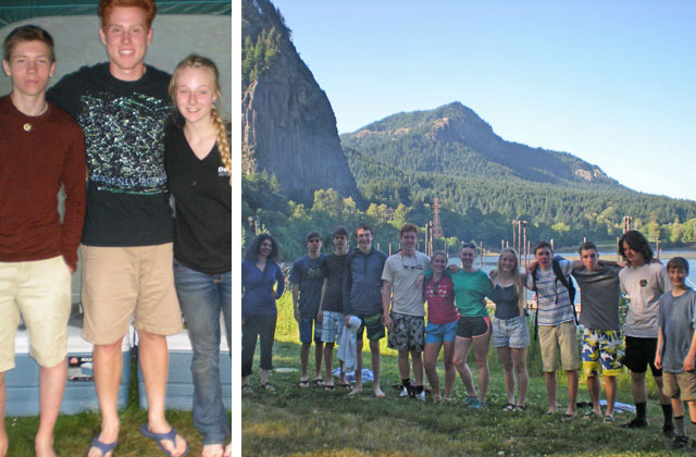 The kitchen crew poses on salmon and pasta night (l). The whole crew stayed cool by swimming in the river on warm days (r). Photos courtesy Elizabeth Hopmann. 