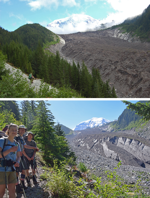The Carbon Glacier, photographed in 2008, compared to the Carbon Glacier in 2016. The locations of the photographer are slightly different, but the change in the glacier is evident. Photos courtesy Colleen Ponto. 