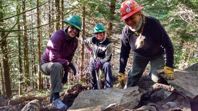 Volunteers doing rock work on the trail to Dirty Harry's Peak.