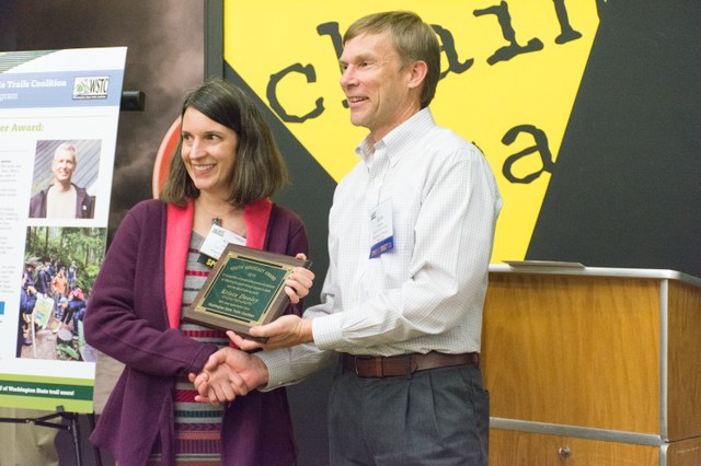 Krista Dooley received the first ever Youth Advocacy Award given by the Washington State Trails Coalition. Photo by Rachel Wendling. 