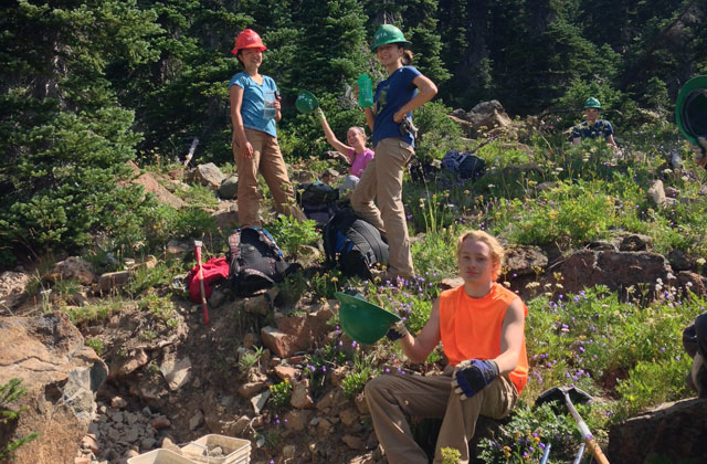 A few crew members moving rocks at Esmeralda Basin. Photo courtesy Elizabeth Hopmann.