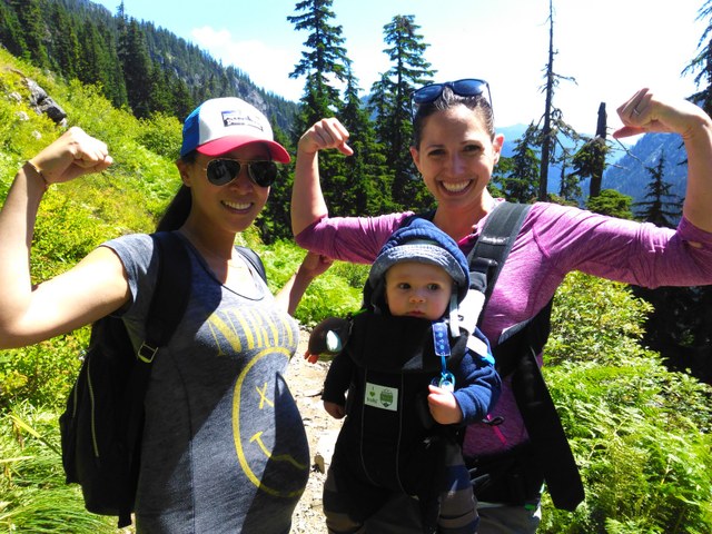 Hiking moms showing their love for trails at Snow Lake. Photo by Kate Neville.