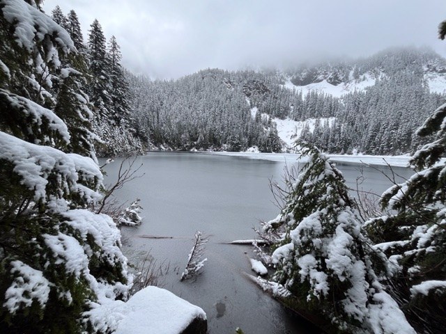Annette Lake. Photo by shegoat. A frozen Annette Lake on a cloudy gray day. Photo by shegoat.