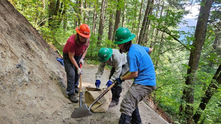 Volunteers working on a trail at Beacon Rock State Park. Photo by James Alexander.
