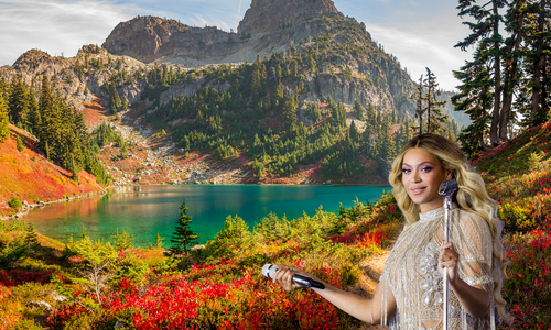 Beyonce at Cathedral Rock Beyonce in front of mountains