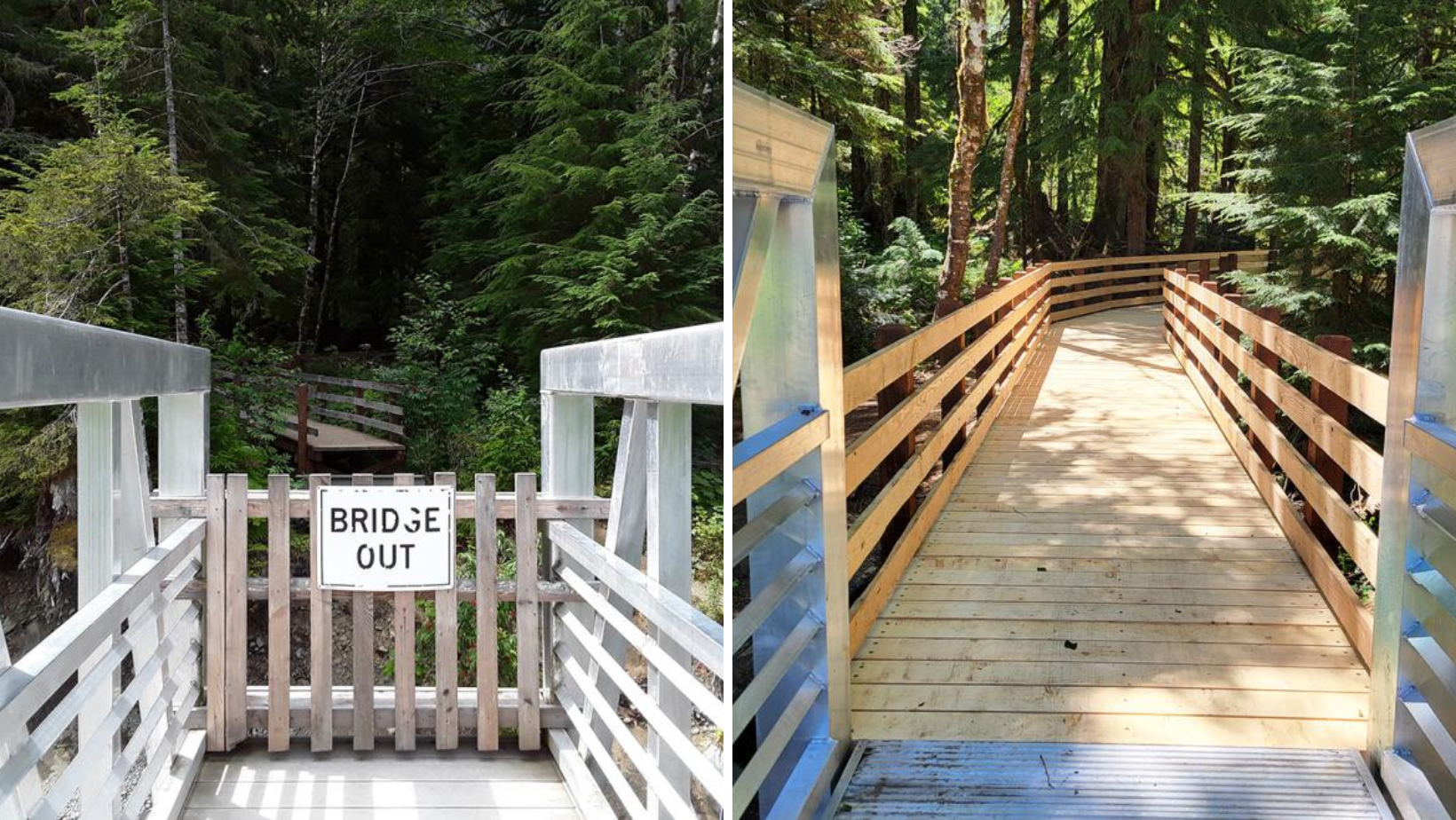 Photo at left shows gate with sign "Bridge Out". Photo at right shows newly constructed wooden bridge through forest. 