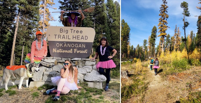 A group of hikers in tutus and costumes with a dog on the Big Tree Trail. Photos by TrailKat and MyFriendsCallMeT.