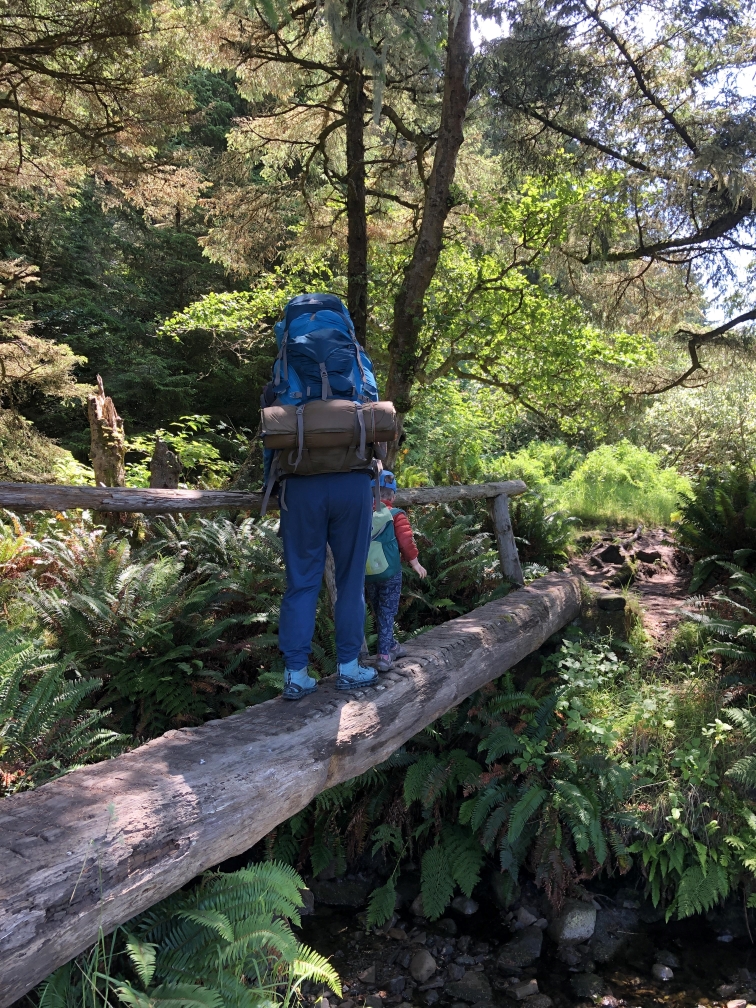 Cape Alava. Photo by Loren Drummond. An adult with a backpacking pack and a young child cross a wooden bridge. Photo by Loren Drummond.