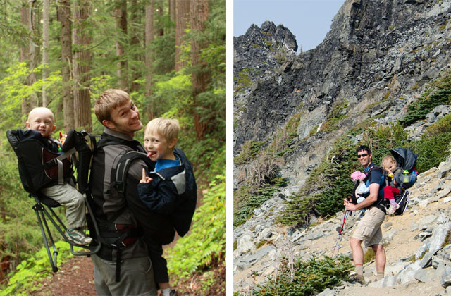 Carrying a couple of kids adds the weight you want to train with and makes a statement on trail. Photos be James Cummins (l) and Lisa Moorehead (r). 