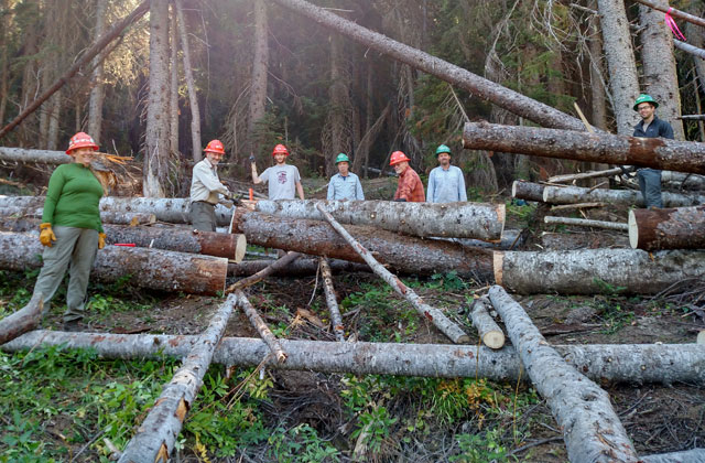 The crew poses with the system they used to skid logs off the trail as they were cut. Photo by Zachary McBride. 