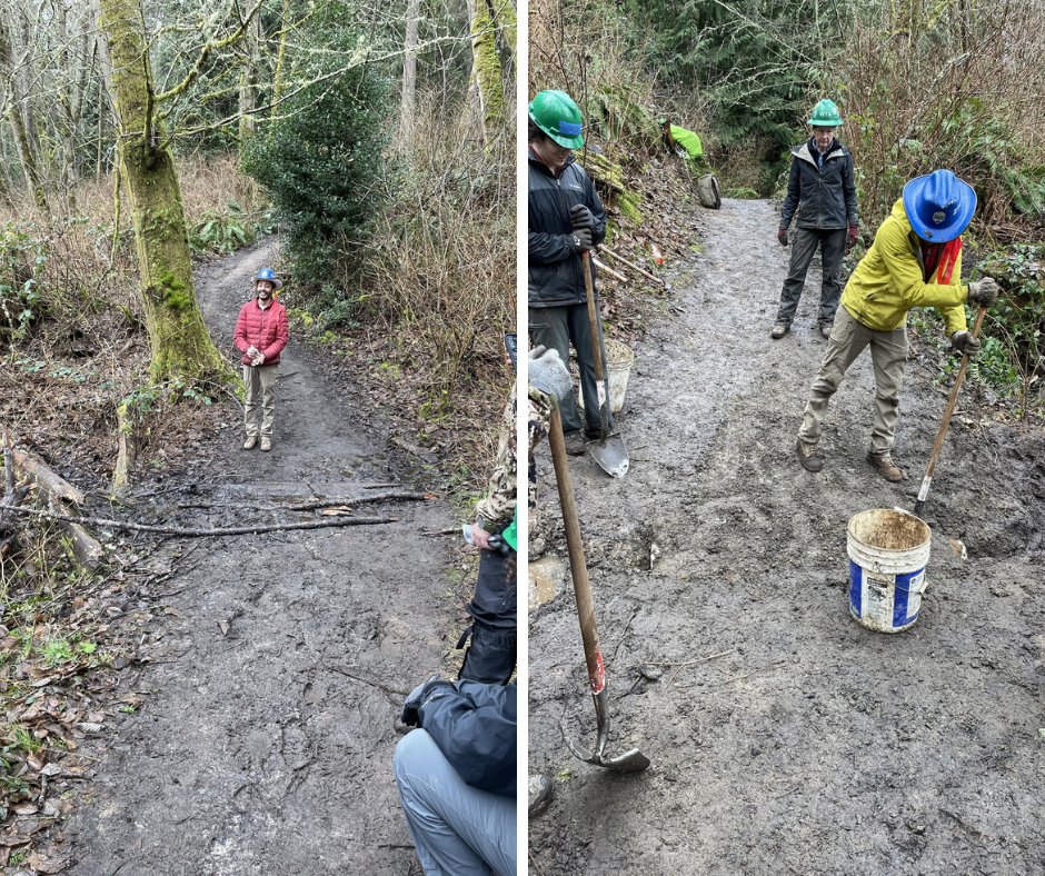 Side by side photos with left photo of muddy trail and right photo of volunteers finishing placing a culvert under the trail