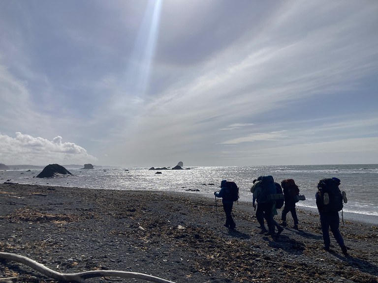 A group of backpackers walk along a sunny ocean beach.