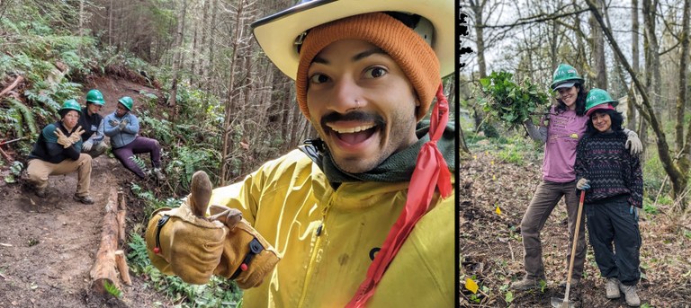A crew member gives a thumbs up and a ELP crews poses for a photo. 