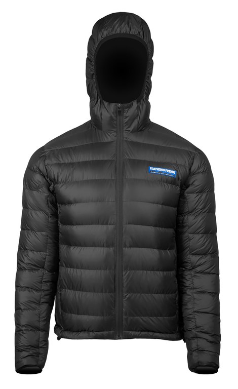 A black down jacket with a hood and the Feathered Friends logo on the left side of the chest.