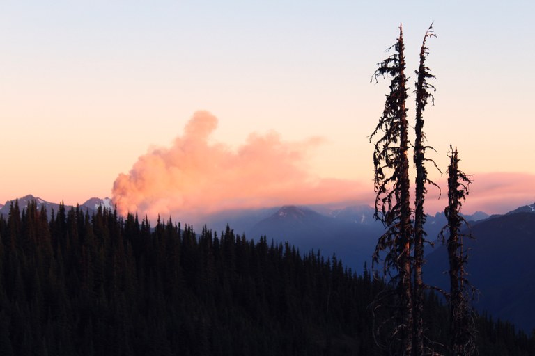 Forest fire smoke billowing over a distant ridge. 