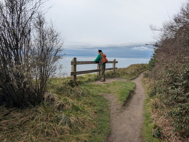 A hiker standing at a viewpoint looking at the Puget Sound on a cloudy day at Fort Ebey State Park on the Bluff Trail. Photo by trip reporter Ambling Along.