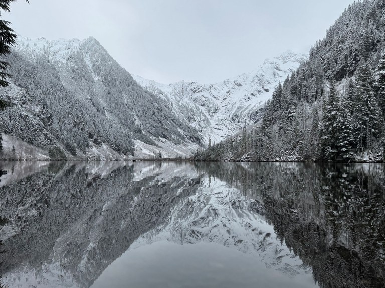 Snow covering Goat Lake on the Mountain Loop Highway. Photo by semajjat.