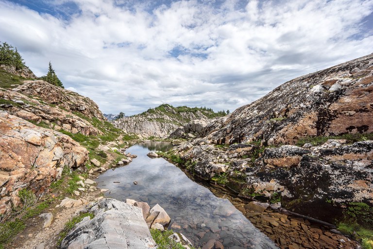 A thin trail amid rocks and a slow stream.