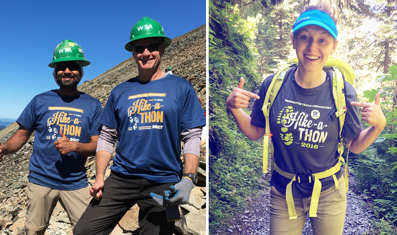 Hikers wearing Hike-a-Thon t-shirts while out on trail. Photos by John Swigert and Emily Massingale.