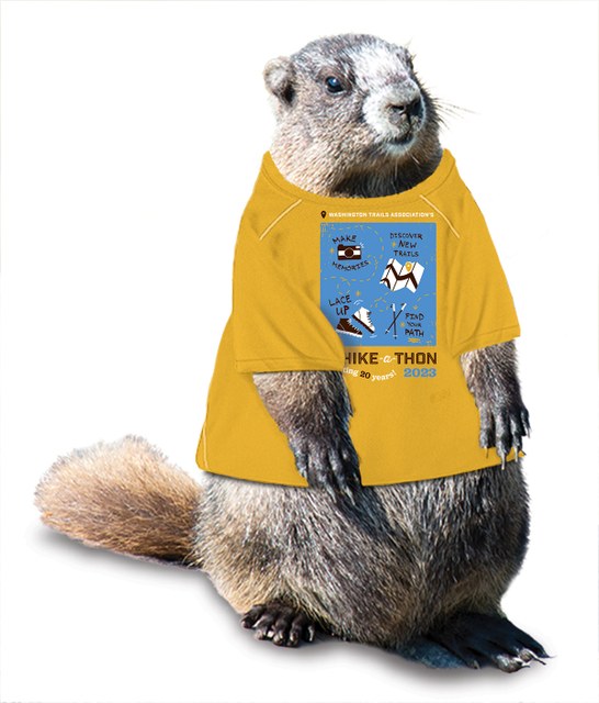 Image: Miles the Marmot posing in his 2023 Hike-a-Thon shirt.