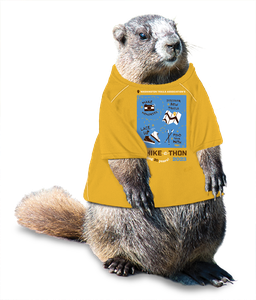 Miles the Marmot in a Hike-a-Thon shirt.