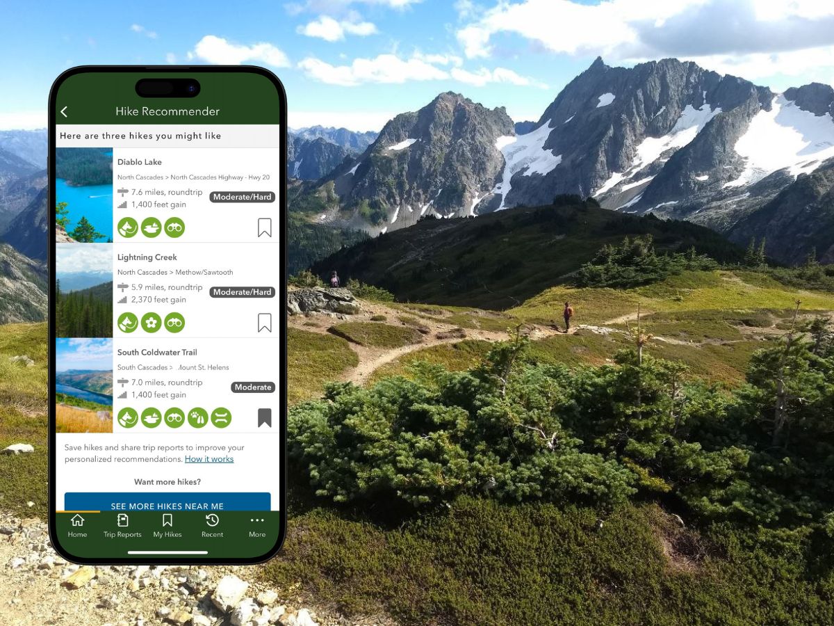 Screenshot of the hike recommender in WTA's Trailblazer app