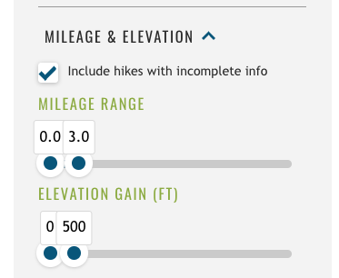 An images show how to use filters on the WTA Hiking Guide to select a low-mileage, low elevation gain hike.
