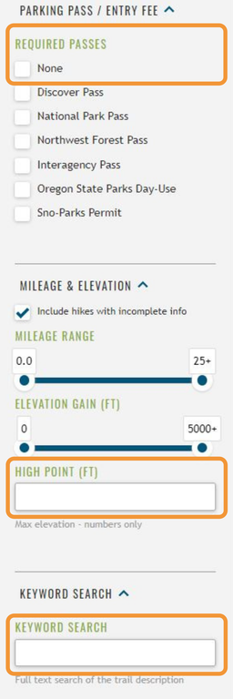 A view of WTA's Hiking Guide filters with "Parking Pass", "High Point" and "Keywords" highlighted.