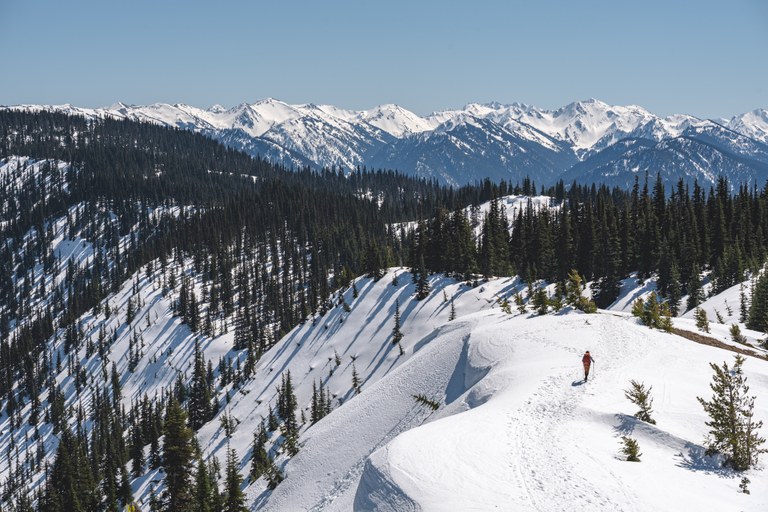 A vast snow-covered ridge with a person snowshoeing in the distance. 