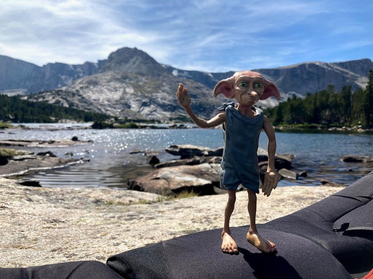 Dobby the elf sits on a backpack in the backcountry.