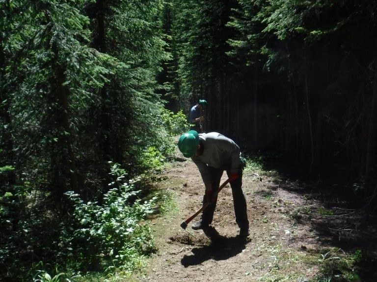 Volunteer working on tread at Shedroof Divide.