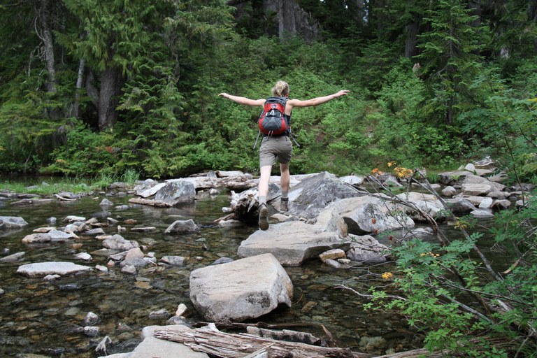 Leaping Across Rocks. WTA Archive.  A hiker leaps across stepping stones in a stream.