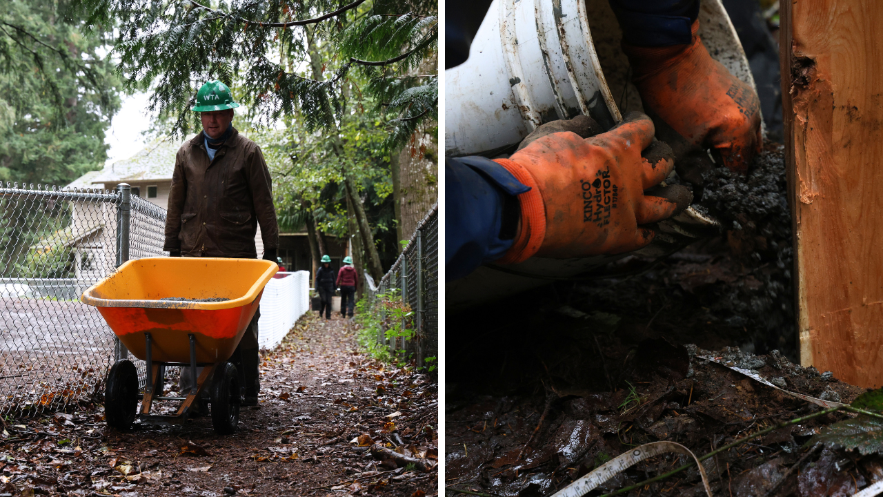 One image on the right depicts man with green hat carrying a yellow wheel barrel with two green helmet volunteers in the background, centered in between two chain link post fences. Second frame on the right shows person with orange gloves and blue jacket pouring gravel into wooden post hole.