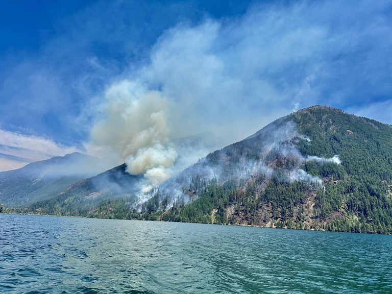 The Bear Gulch Fire burning from Lake Cushman. Photo courtesy of the Mason County Sheriff's Office.