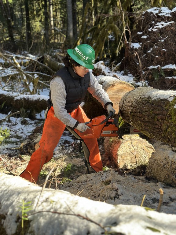 A trail maintainer wields a chainsaw to cut through a log.