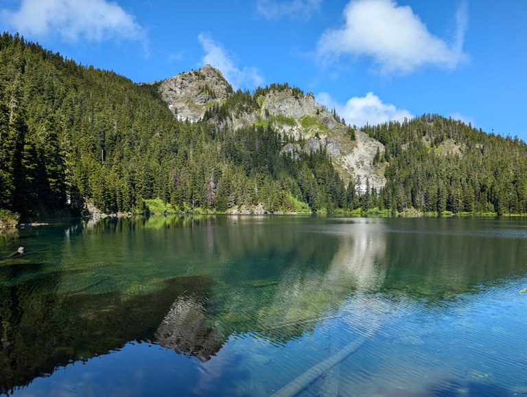 Mirror Lake. Photo by Pete R. Mirror Lake with a reflection of Tinkham Peak. Photo by Pete R.