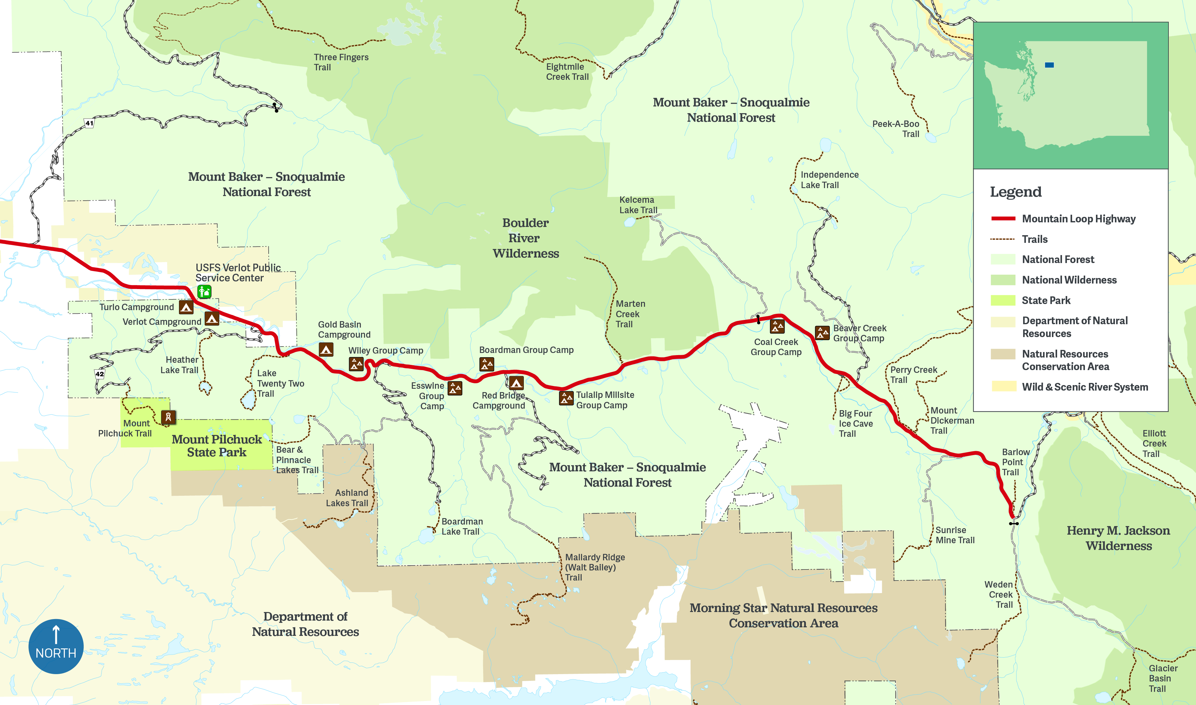 Map details campgrounds and trails along the south Mountain Loop Highway