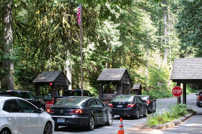 Cars line up at the entrance to the national park