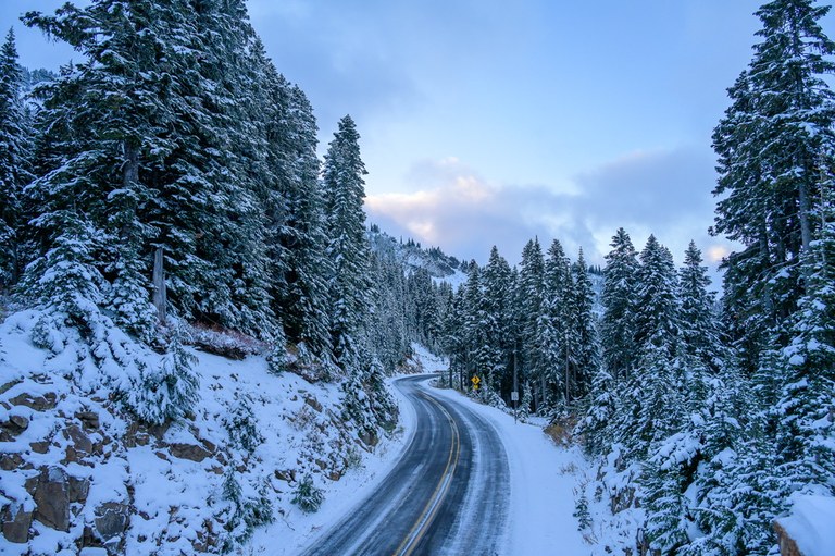 Snow on the ground and road near Naches Peak Loop. Photo by terradactyl.