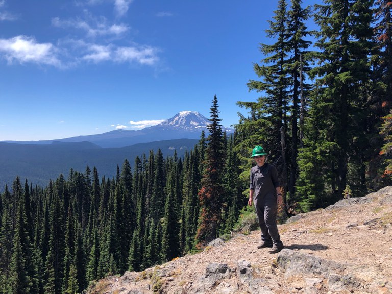 Jess Wolf on a BCRT at Nannie Ridge with Mount Adams in the background. Photo courtesy Jess Wolf.