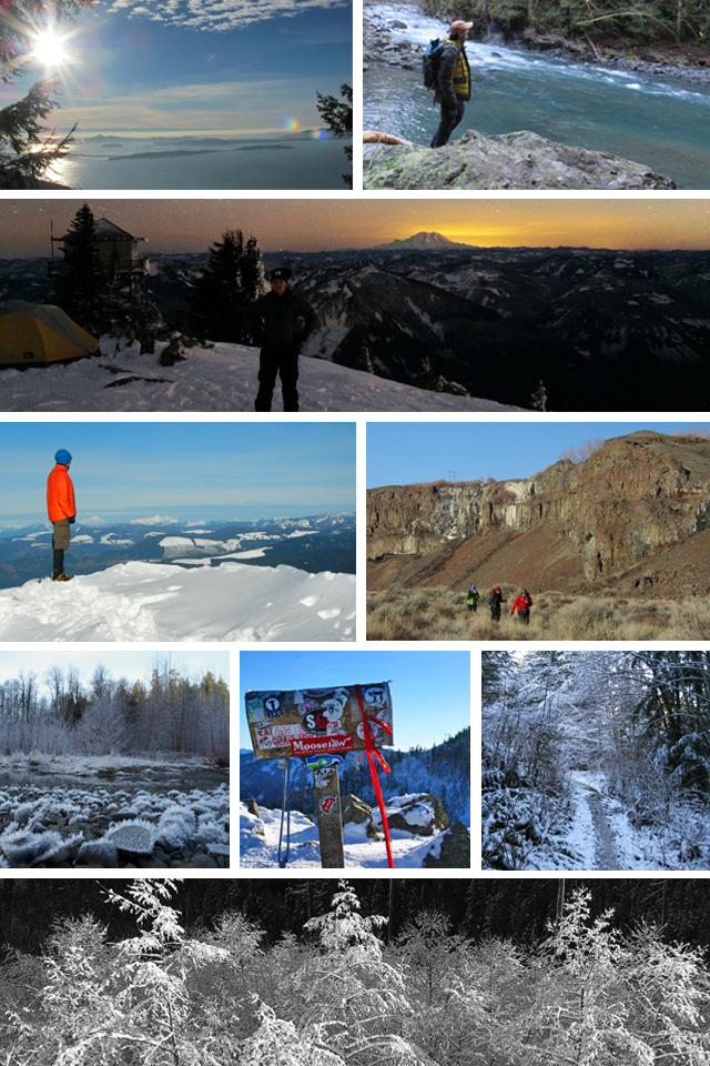Photo credit from top: Oyster Dome by Johnny Trash, Fallsview Canyon by Joe Hendricks, Granite Mountain Lookout by Nathaniel, Mount Teneriffe by Norm, Ancient Lakes by Plan B, Lower South Fork Skokomish by nutmeg, Mailbox Peak by Touray Kungkagam, South Tiger Mountain Trail by Quantum Guru, West Side Road by Avery's Dad. 