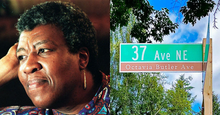 A collage of two photos. On the left is Octavia Butler. On the right is a street sign dedicated in her name.