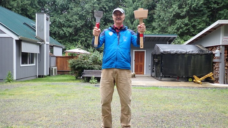 Jim with his homemade mallet and chisel. Jim with his homemade mallet and chisel.