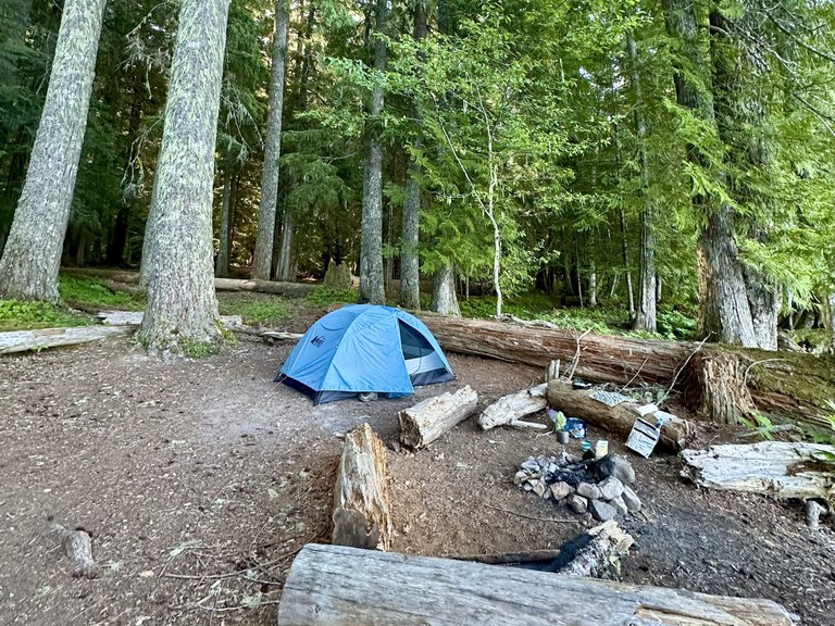 A small campsite with camp items next to tent at Packwood Lake. Photo by heidi_. 