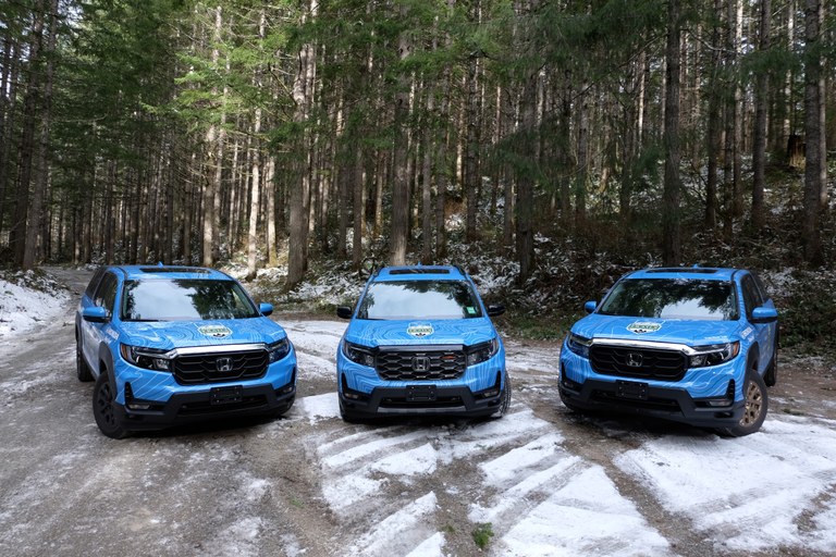 Western Washington Honda Dealers has had an incredible impact on WTA. Photo by Erika Haugen-Goodman Three WTA-wrapped Hondas are poised on a snowy forest road.
