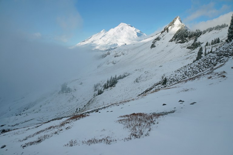 Snowy mountains. Photo by trip reporter dchk. Snow on the mountain as seen from the Ptarmigan Ridge Trail. Photo by trip reporter dchk.