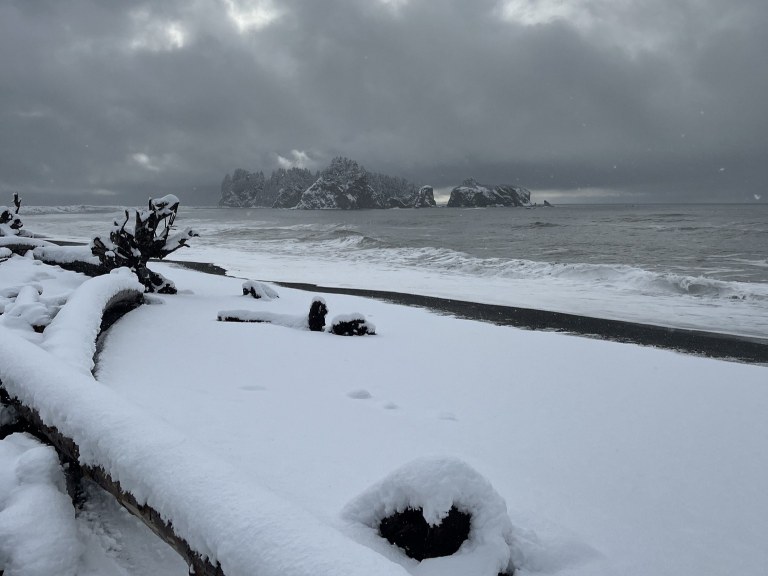 A blanket of snow on Rialto Beach. Photo courtesy of Olympic National Park.