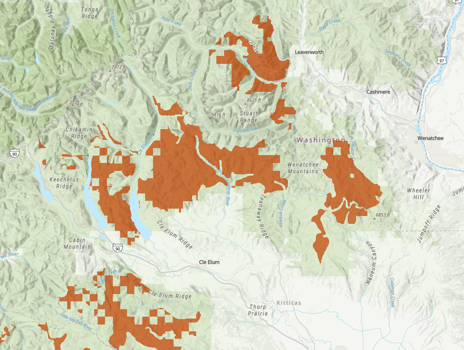 Roadless areas central Washington Map showing location of Roadless areas in central Washington