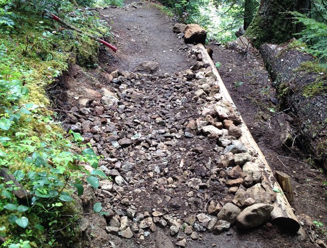 A water drainage system in progress along a notoriously wet section of trail. Photo by Waverley Woodley