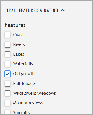Screenshot of the old growth filter in the Hiking Guide.